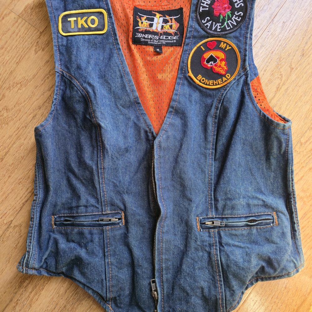 Woman's Denim Biker Vest with Patches. Stretch For Comfort Panels On Sides